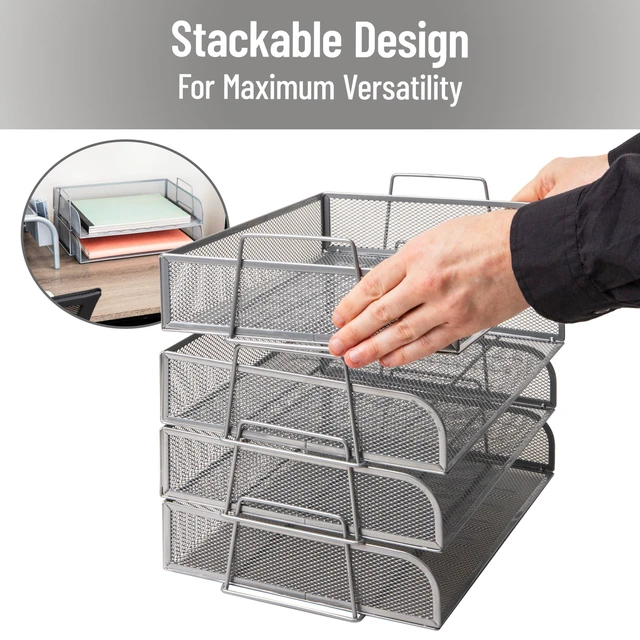 Alt view image 4 of 7 - Stackable Paper Tray, Desktop Organizer, File Storage, Office, Metal Mesh, 4 Pcs., Silver