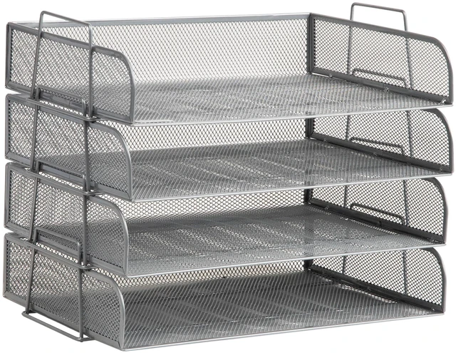 Alt view image 7 of 7 - Stackable Paper Tray, Desktop Organizer, File Storage, Office, Metal Mesh, 4 Pcs., Silver