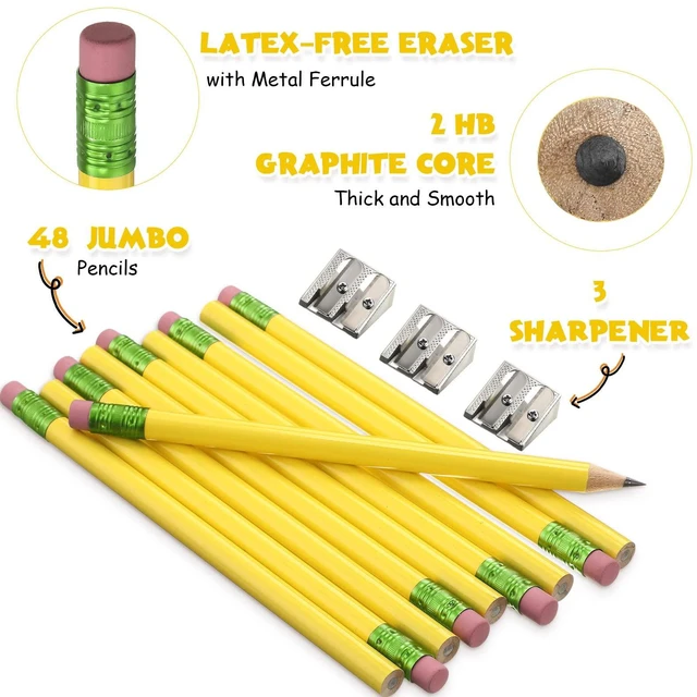Alt view image 4 of 7 - 48 Pcs Large Pencils 3 Sharpeners,Yellow+green,Round Jumbo Thick Grip, Preschoolers Kindergarten Beginners, My First Pencil Set, Easy Hold Kids School Writing Practice Supplies
