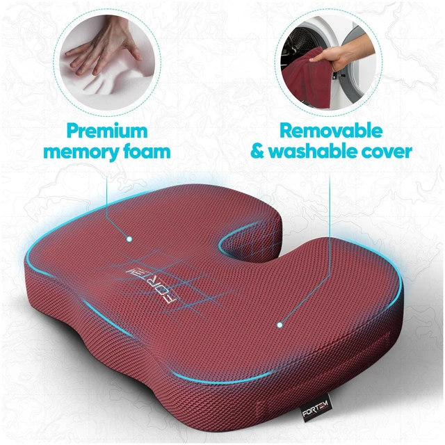 Alt view image 3 of 7 - Seat Cushion, Office Chair Cushion for Tailbone Sciatica Pain Relief Memory Foam Pillow for Car | Ergonomic Design | Washable Cover | Non Slip | Red