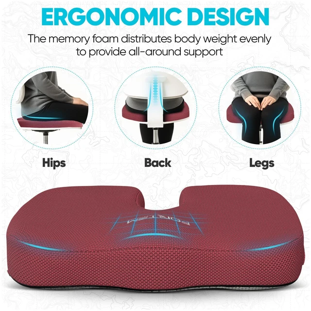 Alt view image 7 of 7 - Seat Cushion, Office Chair Cushion for Tailbone Sciatica Pain Relief Memory Foam Pillow for Car | Ergonomic Design | Washable Cover | Non Slip | Red