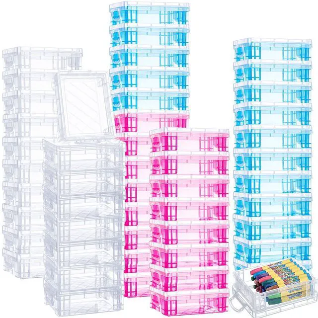 Main image of 50 Pcs Plastic Crayon Box with Lid 4.8 x 3.4 x 1.6, Clear,Red,Blue Small Crayon Storage Containers Bulk, for Office School Classroom, Art Crafts Pen Pencil Organizers, Back to School Supplies