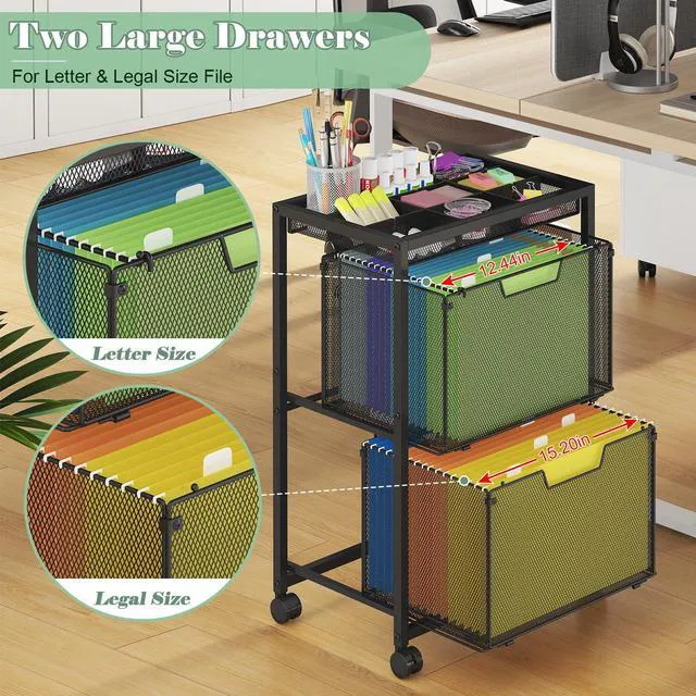 Alt view image 3 of 7 - Rolling File Cart with 2 Drawers, Under Desk Storage Cabinet with DIY Divider, Letter/Legal Mobile Filling Cabinet on Wheels, Hanging File Folders Organizer, Metal Utility Cart for Home Office, Black