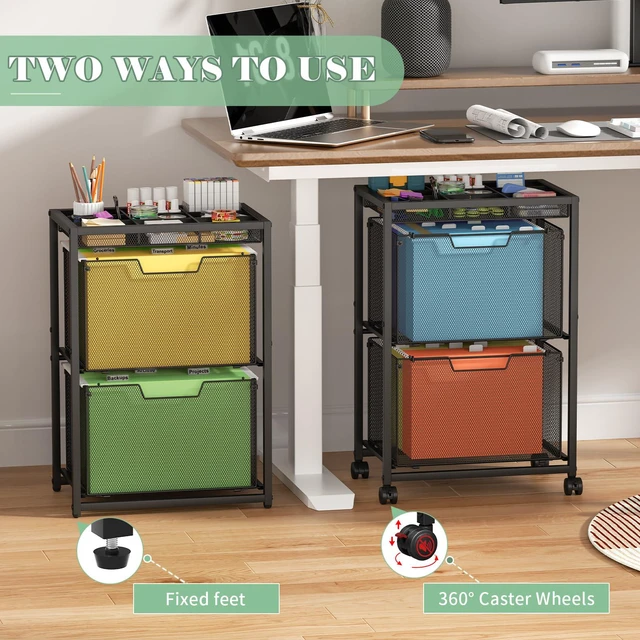 Alt view image 6 of 7 - Rolling File Cart with 2 Drawers, Under Desk Storage Cabinet with DIY Divider, Letter/Legal Mobile Filling Cabinet on Wheels, Hanging File Folders Organizer, Metal Utility Cart for Home Office, Black