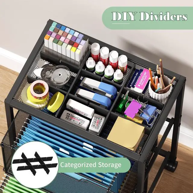 Alt view image 4 of 7 - Rolling File Cart with 2 Drawers, Under Desk Storage Cabinet with DIY Divider, Letter/Legal Mobile Filling Cabinet on Wheels, Hanging File Folders Organizer, Metal Utility Cart for Home Office, Black