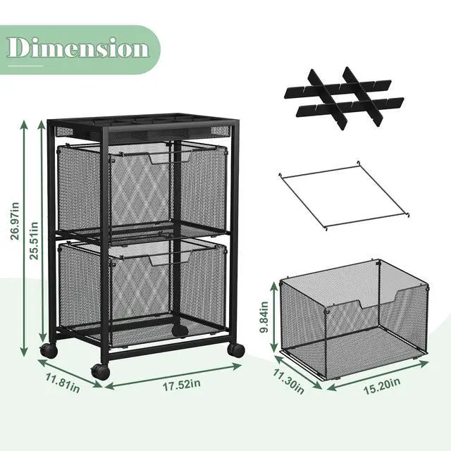 Alt view image 7 of 7 - Rolling File Cart with 2 Drawers, Under Desk Storage Cabinet with DIY Divider, Letter/Legal Mobile Filling Cabinet on Wheels, Hanging File Folders Organizer, Metal Utility Cart for Home Office, Black