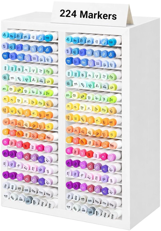 Main image of Marker Organizer for 224 Markers, Wooden Alcohol Marker Holder with 32 Compartments, Horizontal Art Pen and Pencil Storage Rack for Desk, Classroom and Studio, White