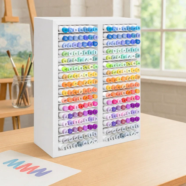 Alt view image 2 of 6 - Marker Organizer for 224 Markers, Wooden Alcohol Marker Holder with 32 Compartments, Horizontal Art Pen and Pencil Storage Rack for Desk, Classroom and Studio, White