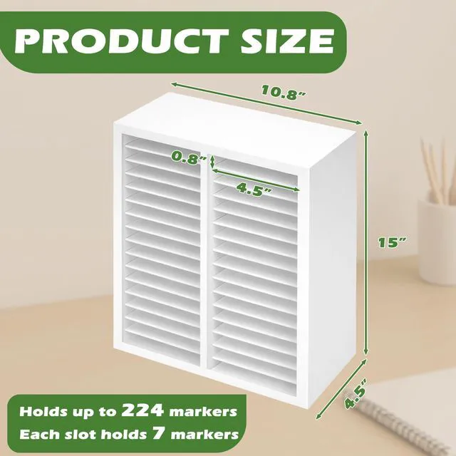 Alt view image 3 of 6 - Marker Organizer for 224 Markers, Wooden Alcohol Marker Holder with 32 Compartments, Horizontal Art Pen and Pencil Storage Rack for Desk, Classroom and Studio, White
