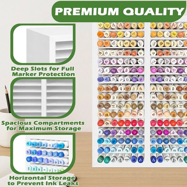Alt view image 4 of 6 - Marker Organizer for 224 Markers, Wooden Alcohol Marker Holder with 32 Compartments, Horizontal Art Pen and Pencil Storage Rack for Desk, Classroom and Studio, White