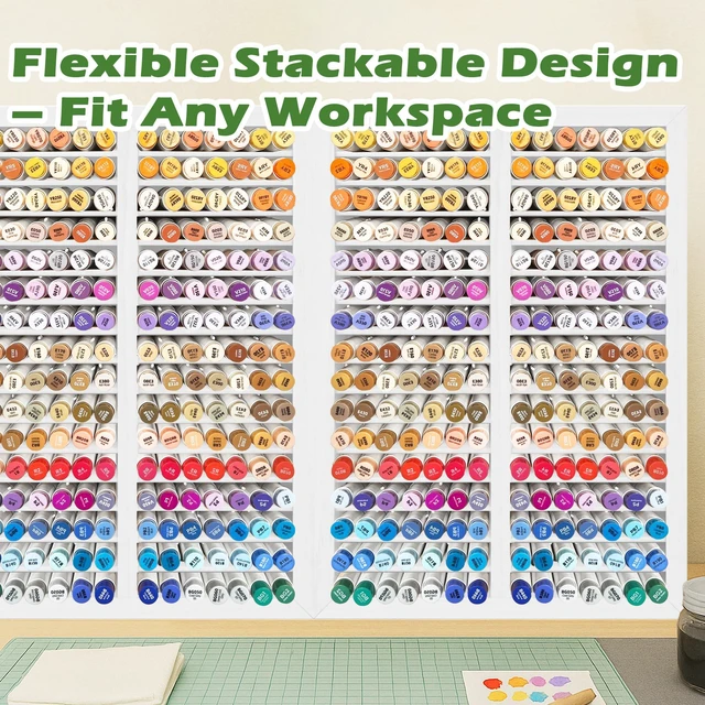 Alt view image 6 of 6 - Marker Organizer for 224 Markers, Wooden Alcohol Marker Holder with 32 Compartments, Horizontal Art Pen and Pencil Storage Rack for Desk, Classroom and Studio, White