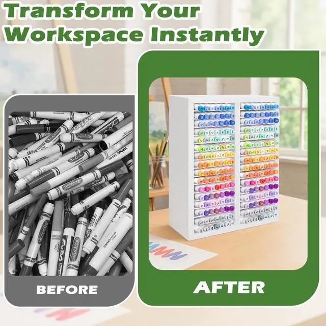 Alt view image 5 of 6 - Marker Organizer for 224 Markers, Wooden Alcohol Marker Holder with 32 Compartments, Horizontal Art Pen and Pencil Storage Rack for Desk, Classroom and Studio, White