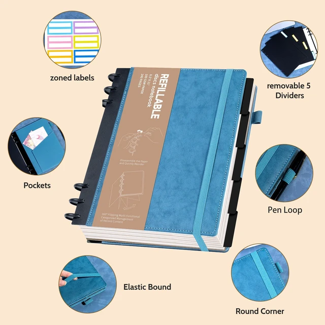 Alt view image 3 of 7 - Refillable Notebooks for Work 5 Subject with Removable Dividers Tabs Blue,240 Pages Hardcover Leather Journals for Writing Large Discbound Planner Colleged Ruled Paper for Women Men,8.58 x 11