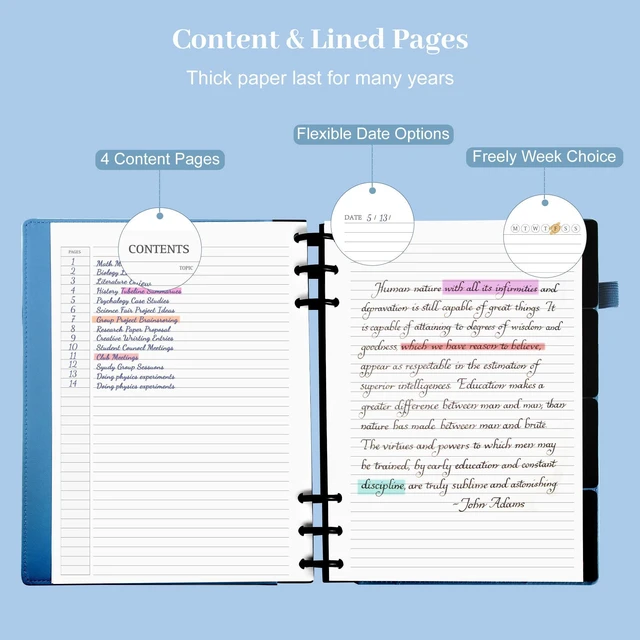 Alt view image 6 of 7 - Refillable Notebooks for Work 5 Subject with Removable Dividers Tabs Blue,240 Pages Hardcover Leather Journals for Writing Large Discbound Planner Colleged Ruled Paper for Women Men,8.58 x 11