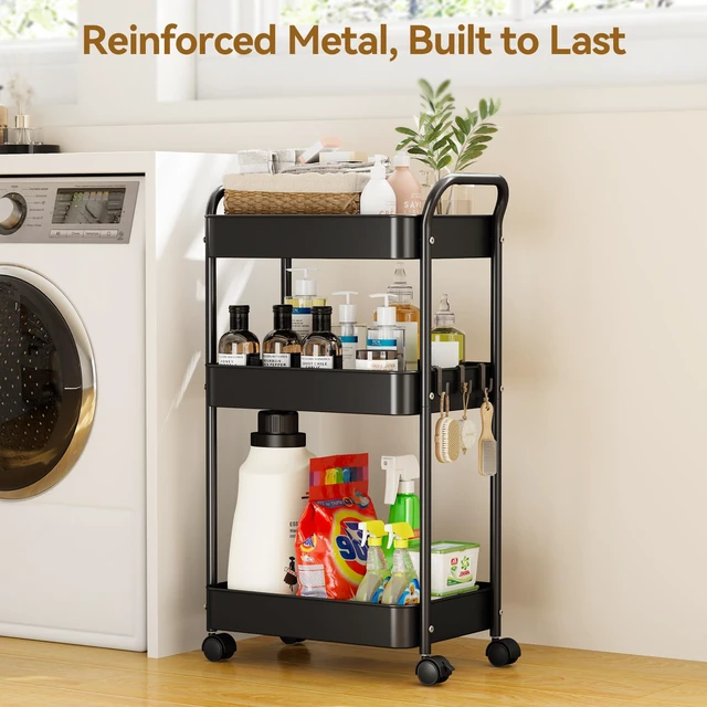 Alt view image 2 of 7 - 3-Tier Metal Rolling Cart Utility Carts with Wheels Black Multifunction Storage Craft Art Cart Organizer for Bedroom, Kitchen, Laundry, Office, Nursery, Bathroom, Easy Assembly