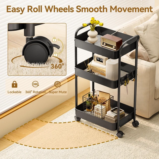 Alt view image 3 of 7 - 3-Tier Metal Rolling Cart Utility Carts with Wheels Black Multifunction Storage Craft Art Cart Organizer for Bedroom, Kitchen, Laundry, Office, Nursery, Bathroom, Easy Assembly