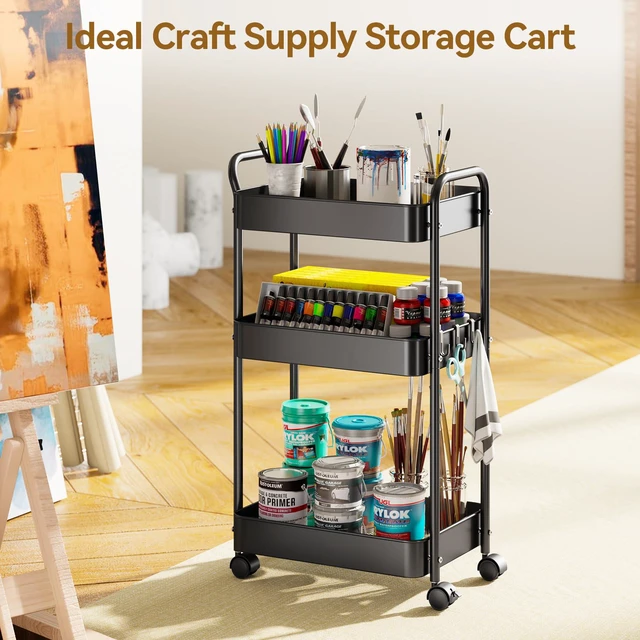 Alt view image 6 of 7 - 3-Tier Metal Rolling Cart Utility Carts with Wheels Black Multifunction Storage Craft Art Cart Organizer for Bedroom, Kitchen, Laundry, Office, Nursery, Bathroom, Easy Assembly