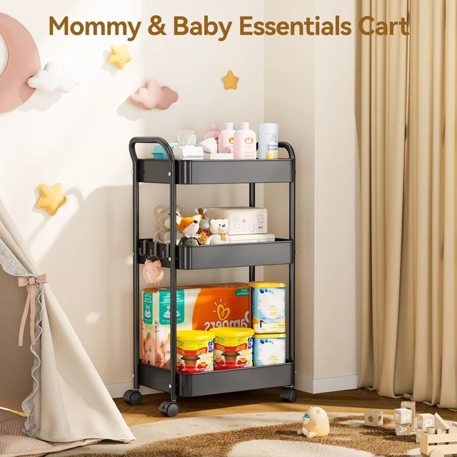 Alt view image 4 of 7 - 3-Tier Metal Rolling Cart Utility Carts with Wheels Black Multifunction Storage Craft Art Cart Organizer for Bedroom, Kitchen, Laundry, Office, Nursery, Bathroom, Easy Assembly