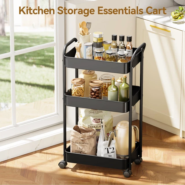 Alt view image 7 of 7 - 3-Tier Metal Rolling Cart Utility Carts with Wheels Black Multifunction Storage Craft Art Cart Organizer for Bedroom, Kitchen, Laundry, Office, Nursery, Bathroom, Easy Assembly