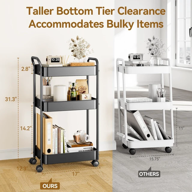 Alt view image 5 of 7 - 3-Tier Metal Rolling Cart Utility Carts with Wheels Black Multifunction Storage Craft Art Cart Organizer for Bedroom, Kitchen, Laundry, Office, Nursery, Bathroom, Easy Assembly