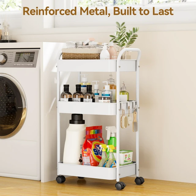 Alt view image 2 of 7 - 3-Tier Metal Rolling Cart Utility Carts with Wheels White Multifunction Storage Craft Art Cart Organizer for Bedroom, Kitchen, Laundry, Office, Nursery, Bathroom, Easy Assembly