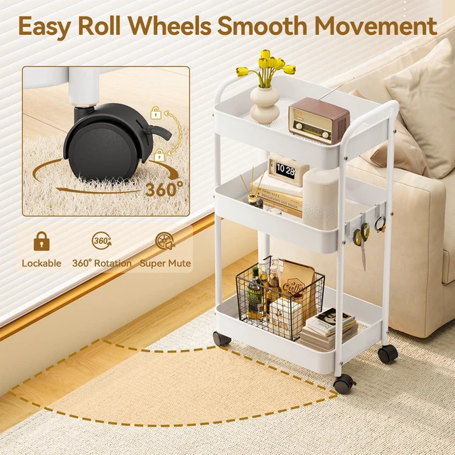 Alt view image 3 of 7 - 3-Tier Metal Rolling Cart Utility Carts with Wheels White Multifunction Storage Craft Art Cart Organizer for Bedroom, Kitchen, Laundry, Office, Nursery, Bathroom, Easy Assembly