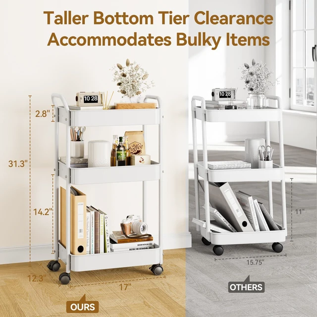 Alt view image 5 of 7 - 3-Tier Metal Rolling Cart Utility Carts with Wheels White Multifunction Storage Craft Art Cart Organizer for Bedroom, Kitchen, Laundry, Office, Nursery, Bathroom, Easy Assembly
