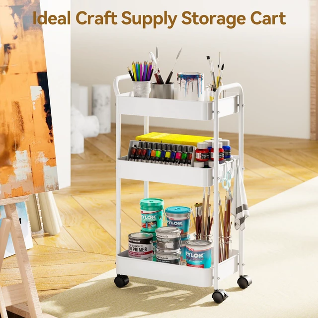 Alt view image 6 of 7 - 3-Tier Metal Rolling Cart Utility Carts with Wheels White Multifunction Storage Craft Art Cart Organizer for Bedroom, Kitchen, Laundry, Office, Nursery, Bathroom, Easy Assembly