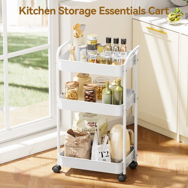 Alt view image 7 of 7 - 3-Tier Metal Rolling Cart Utility Carts with Wheels White Multifunction Storage Craft Art Cart Organizer for Bedroom, Kitchen, Laundry, Office, Nursery, Bathroom, Easy Assembly