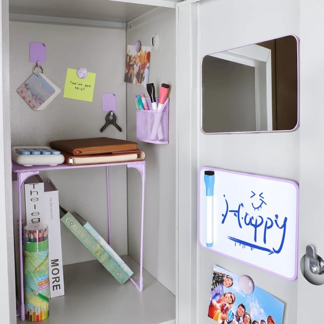 Alt view image 4 of 7 - 13-Piece Locker Accessories Kit, Magnetic Locker Organizer, Purple Back to School Locker Decor, Folding Locker Shelf, Magnetic Mirror, Dry Erase Whiteboard, Pen Holder, Hooks, Markers, Magnets