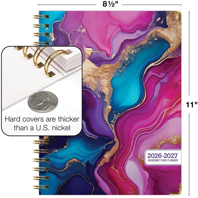 Alt view image 3 of 7 - HARDCOVER Academic Year 2026-2027 Planner: 14 Months (May 2026 Through June 2027) 8.5"x 11" Daily Weekly Monthly Planner Yearly Agenda. Bookmark, Pocket Folder and Sticky Note Set (Pink Purple Marble)