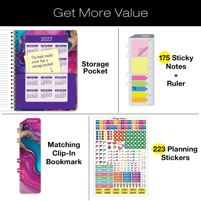 Alt view image 4 of 7 - HARDCOVER Academic Year 2026-2027 Planner: 14 Months (May 2026 Through June 2027) 8.5"x 11" Daily Weekly Monthly Planner Yearly Agenda. Bookmark, Pocket Folder and Sticky Note Set (Pink Purple Marble)