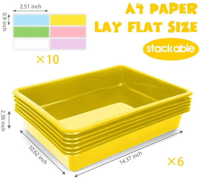 Alt view image 2 of 7 - 6 Pack Paper Trays for Classroom, Yellow Plastic Book Bins with Colorful Labels, Stackable Letter Size Storage Tray, Desk Organizer Tray for Home, School and Office