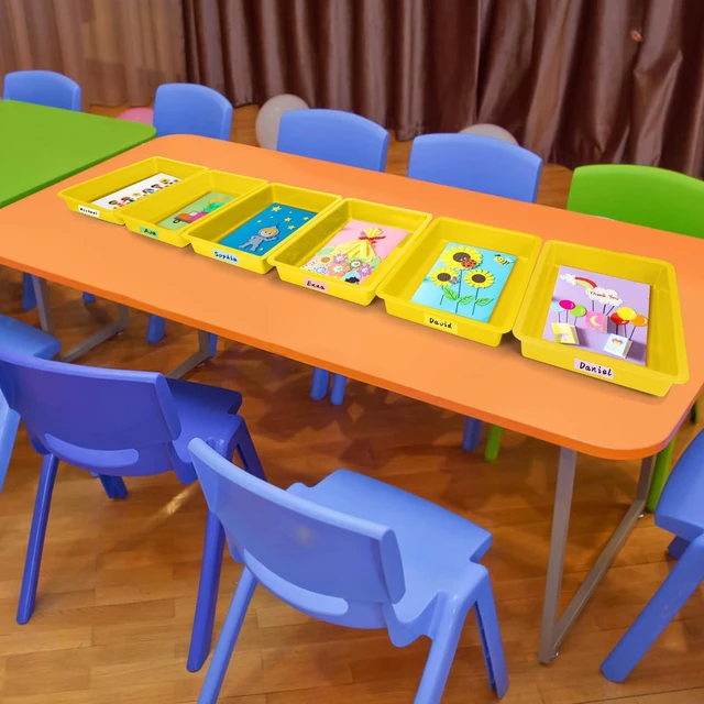 Alt view image 4 of 7 - 6 Pack Paper Trays for Classroom, Yellow Plastic Book Bins with Colorful Labels, Stackable Letter Size Storage Tray, Desk Organizer Tray for Home, School and Office
