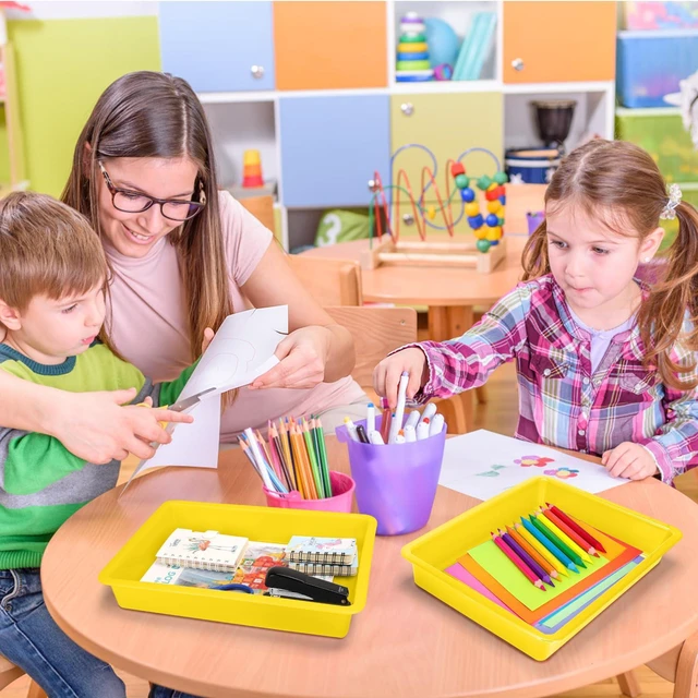 Alt view image 7 of 7 - 6 Pack Paper Trays for Classroom, Yellow Plastic Book Bins with Colorful Labels, Stackable Letter Size Storage Tray, Desk Organizer Tray for Home, School and Office