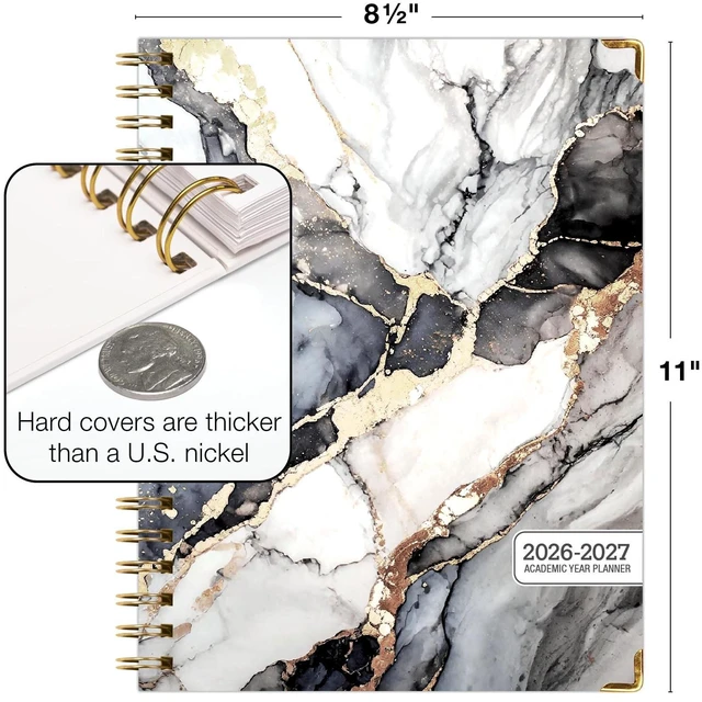 Alt view image 3 of 7 - HARDCOVER Academic Year 2026-2027 Planner: 14 Months (May 2026 Through June 2027) 8.5"x 11" Daily Weekly Monthly Planner Yearly Agenda. Bookmark, Pocket Folder and Sticky Note Set (Black Gold Marble)