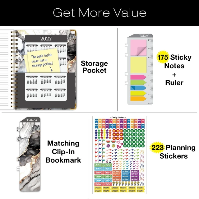 Alt view image 4 of 7 - HARDCOVER Academic Year 2026-2027 Planner: 14 Months (May 2026 Through June 2027) 8.5"x 11" Daily Weekly Monthly Planner Yearly Agenda. Bookmark, Pocket Folder and Sticky Note Set (Black Gold Marble)