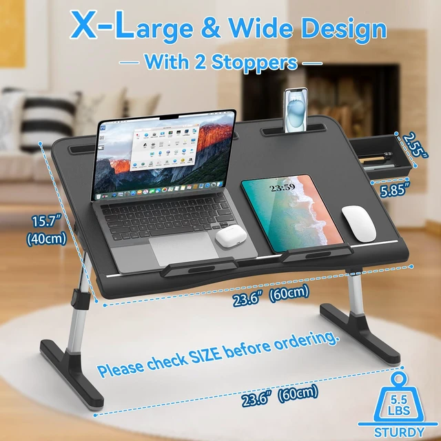 Alt view image 2 of 7 - Laptop Desk for Bed, X-Large Leather Adjustable Laptop Table XXL-Extra Large, Foldable Lap Desks for Adults, with Storage Drawer, for Writing Painting Gaming Drawing on Couch Recliner