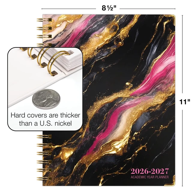 Alt view image 3 of 7 - HARDCOVER Academic Year 2026-2027 Planner: 14 Months (May 2026 Through June 2027) 8.5"x 11" Daily Weekly Monthly Planner Yearly Agenda. Bookmark, Pocket Folder and Sticky Note Set (Dark Gold Marble)