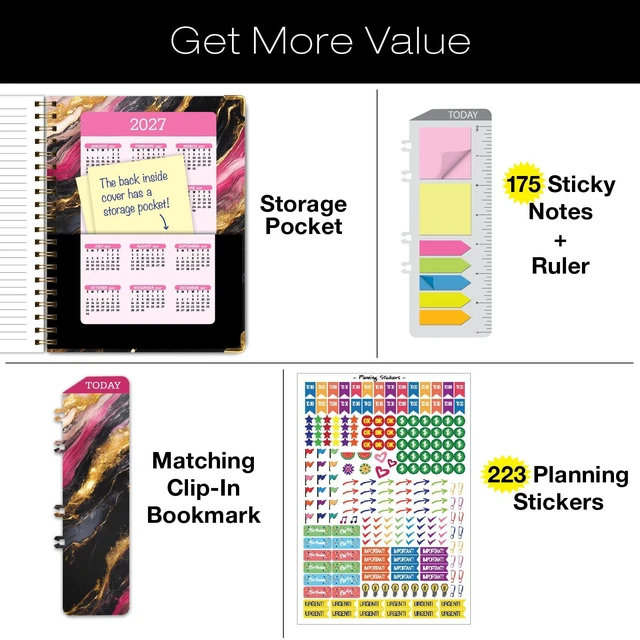 Alt view image 4 of 7 - HARDCOVER Academic Year 2026-2027 Planner: 14 Months (May 2026 Through June 2027) 8.5"x 11" Daily Weekly Monthly Planner Yearly Agenda. Bookmark, Pocket Folder and Sticky Note Set (Dark Gold Marble)