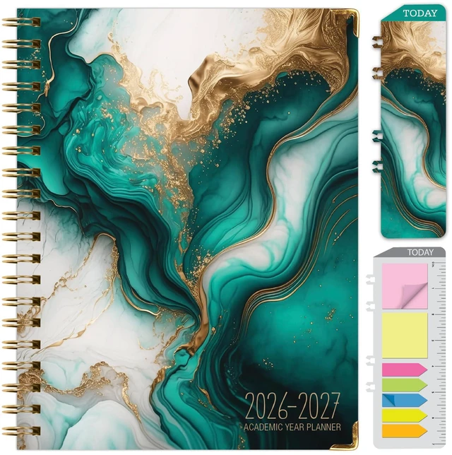 Main image of HARDCOVER Academic Year 2026-2027 Planner: 14 Months (May 2026 Through June 2027) 8.5"x 11" Daily Weekly Monthly Planner Yearly Agenda. Bookmark, Pocket Folder and Sticky Note Set (Teal Gold Marble)