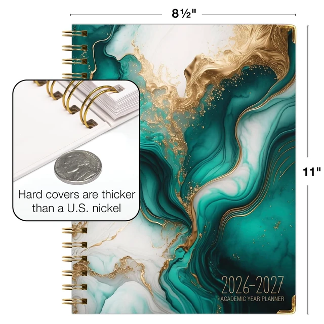 Alt view image 3 of 7 - HARDCOVER Academic Year 2026-2027 Planner: 14 Months (May 2026 Through June 2027) 8.5"x 11" Daily Weekly Monthly Planner Yearly Agenda. Bookmark, Pocket Folder and Sticky Note Set (Teal Gold Marble)