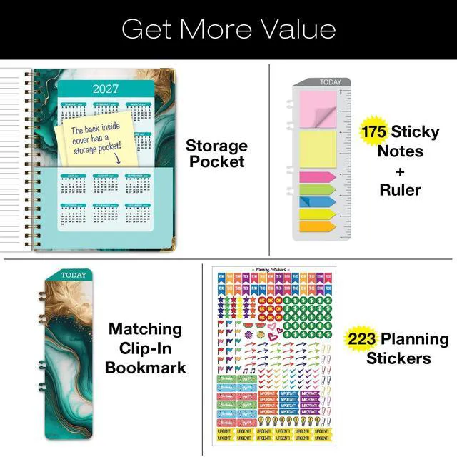 Alt view image 4 of 7 - HARDCOVER Academic Year 2026-2027 Planner: 14 Months (May 2026 Through June 2027) 8.5"x 11" Daily Weekly Monthly Planner Yearly Agenda. Bookmark, Pocket Folder and Sticky Note Set (Teal Gold Marble)