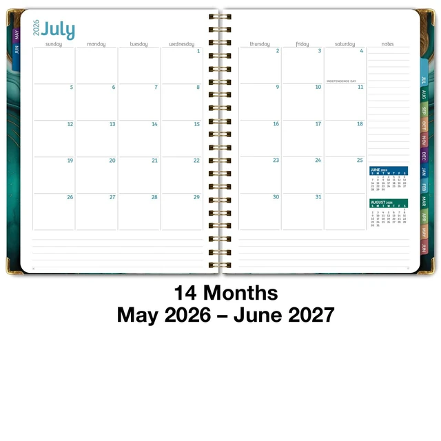 Alt view image 5 of 7 - HARDCOVER Academic Year 2026-2027 Planner: 14 Months (May 2026 Through June 2027) 8.5"x 11" Daily Weekly Monthly Planner Yearly Agenda. Bookmark, Pocket Folder and Sticky Note Set (Teal Gold Marble)