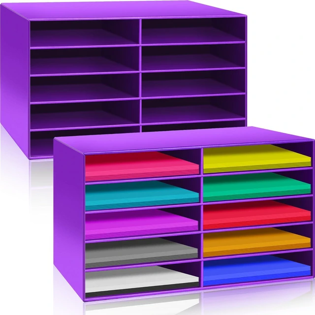 Main image of 2 Pcs Construction Paper Storage, 10 Slots, Purple Classroom Mailboxe, Back to School Literature Sorter, Sturdy Cardboard Paper Organizer for Teacher, Student, Office