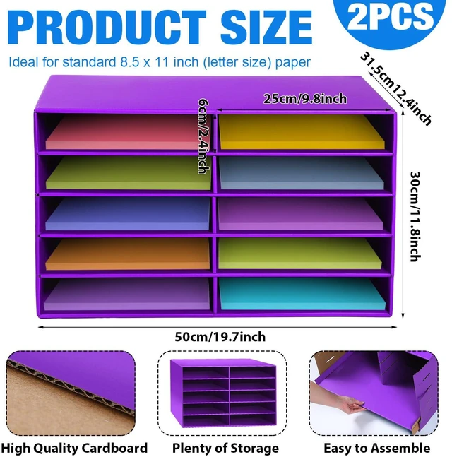 Alt view image 3 of 7 - 2 Pcs Construction Paper Storage, 10 Slots, Purple Classroom Mailboxe, Back to School Literature Sorter, Sturdy Cardboard Paper Organizer for Teacher, Student, Office