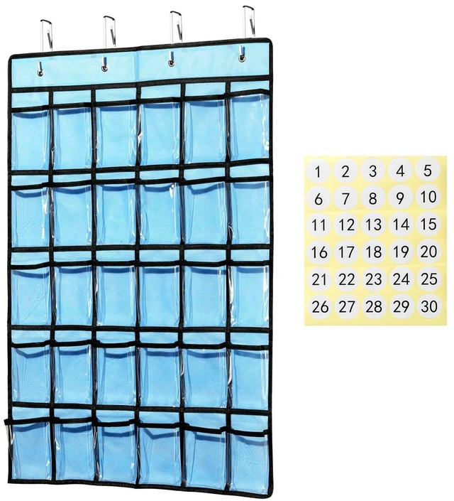 Main image of Classroom Pocket Chart for Cellphone Calculator Holder, 30 Clear Pocket Charts for Classroom 33.5 x 24.5 inch Hanging cell phone Organizer Storage (Blue-30 pockets)