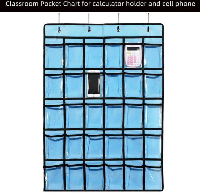 Alt view image 2 of 7 - Classroom Pocket Chart for Cellphone Calculator Holder, 30 Clear Pocket Charts for Classroom 33.5 x 24.5 inch Hanging cell phone Organizer Storage (Blue-30 pockets)
