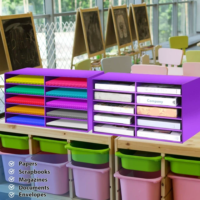 Alt view image 6 of 7 - 2 Pcs Construction Paper Storage, 10 Slots, Purple Classroom Mailboxe, Back to School Literature Sorter, Sturdy Cardboard Paper Organizer for Teacher, Student, Office