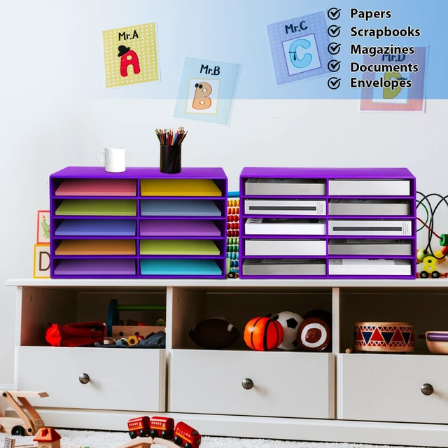 Alt view image 5 of 7 - 2 Pcs Construction Paper Storage, 10 Slots, Purple Classroom Mailboxe, Back to School Literature Sorter, Sturdy Cardboard Paper Organizer for Teacher, Student, Office